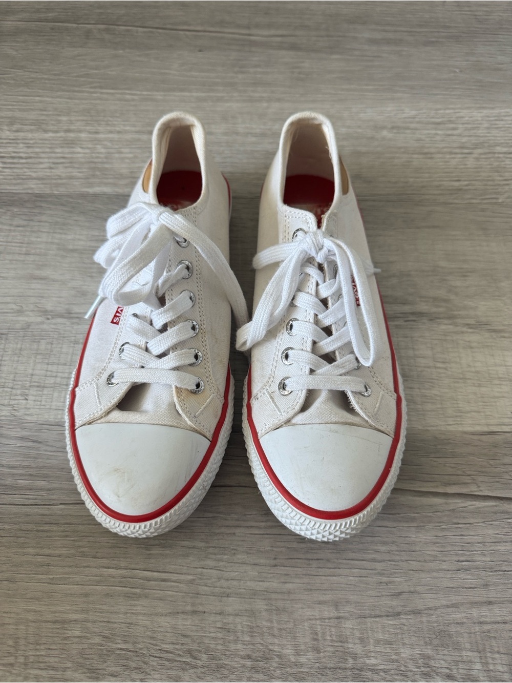 White Canvas Low-Top Sneakers with Red Trim - Women's